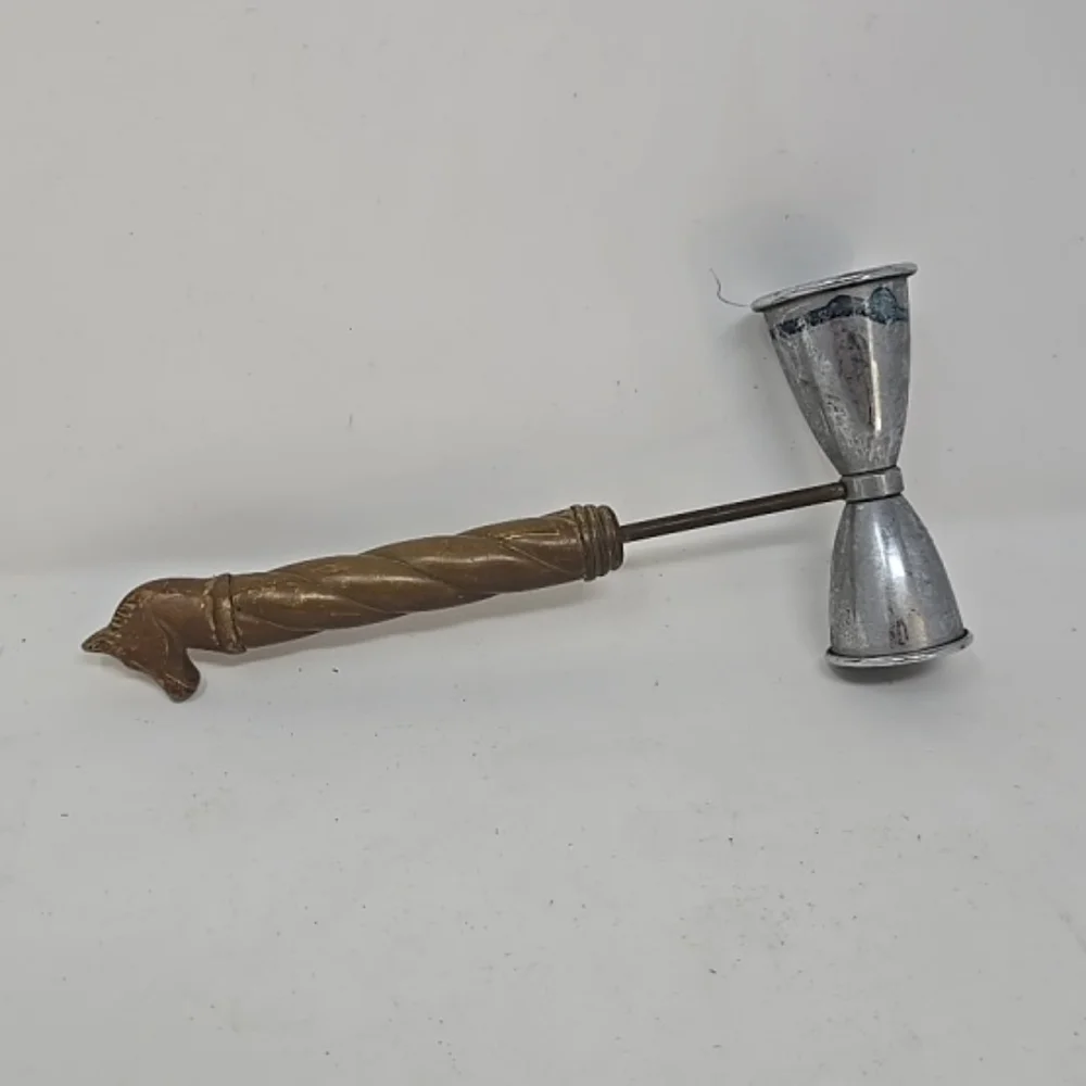 Vtg brass handle double jigger cocktail man cave rustic‎ equestrian mid century